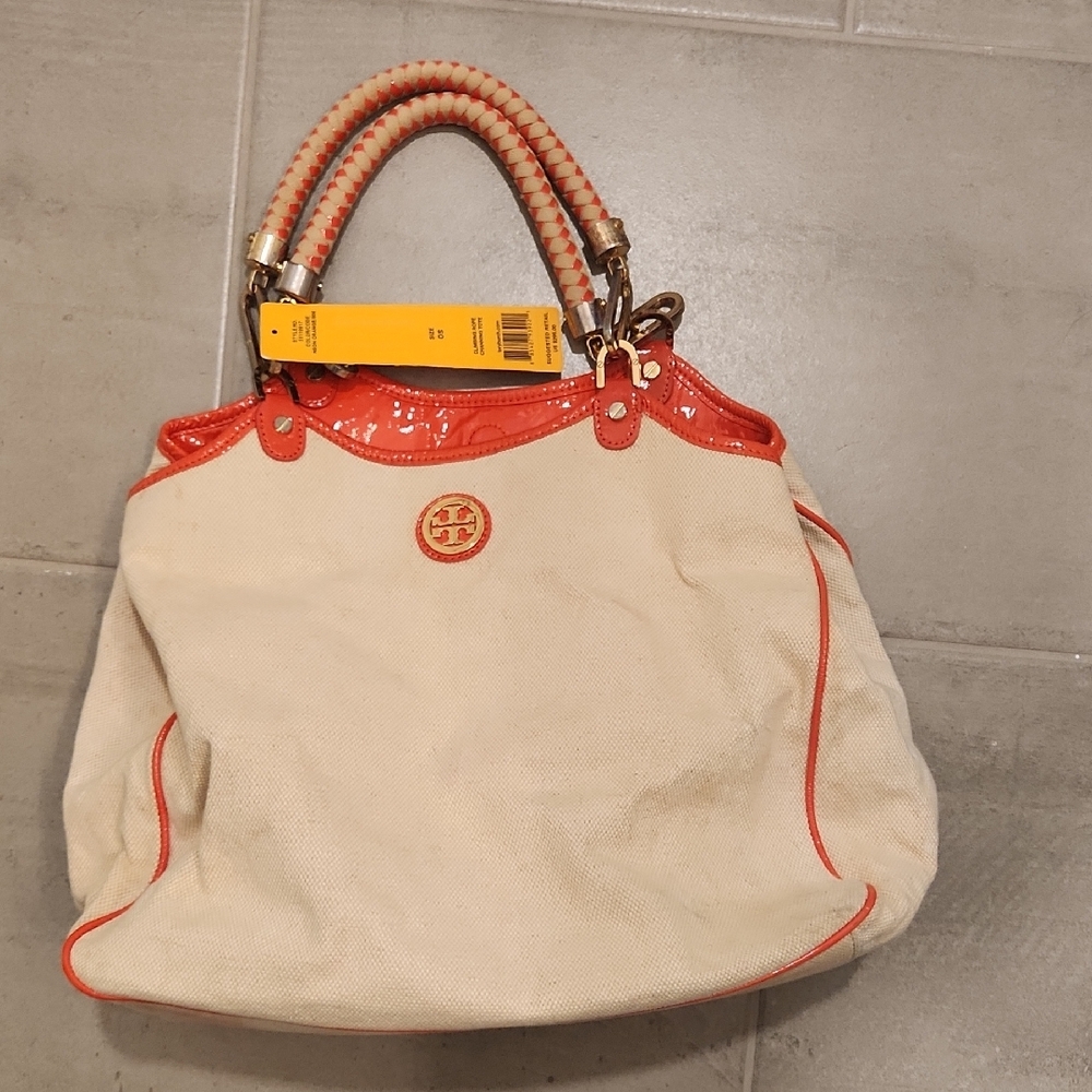 Tory Burch Cream and Red Tote with Braided Handle